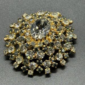 LARGE Vintage Austria Crystal Dome Brooch Pin Smoky Gray Rhinestones Gold Tone